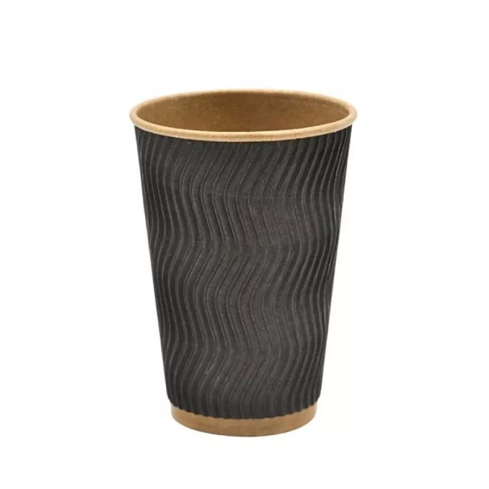 Стакан бумажный гофрированный черный-крафт 340 мл 20 шт/уп (кр81, d80) (28 уп/ящ)