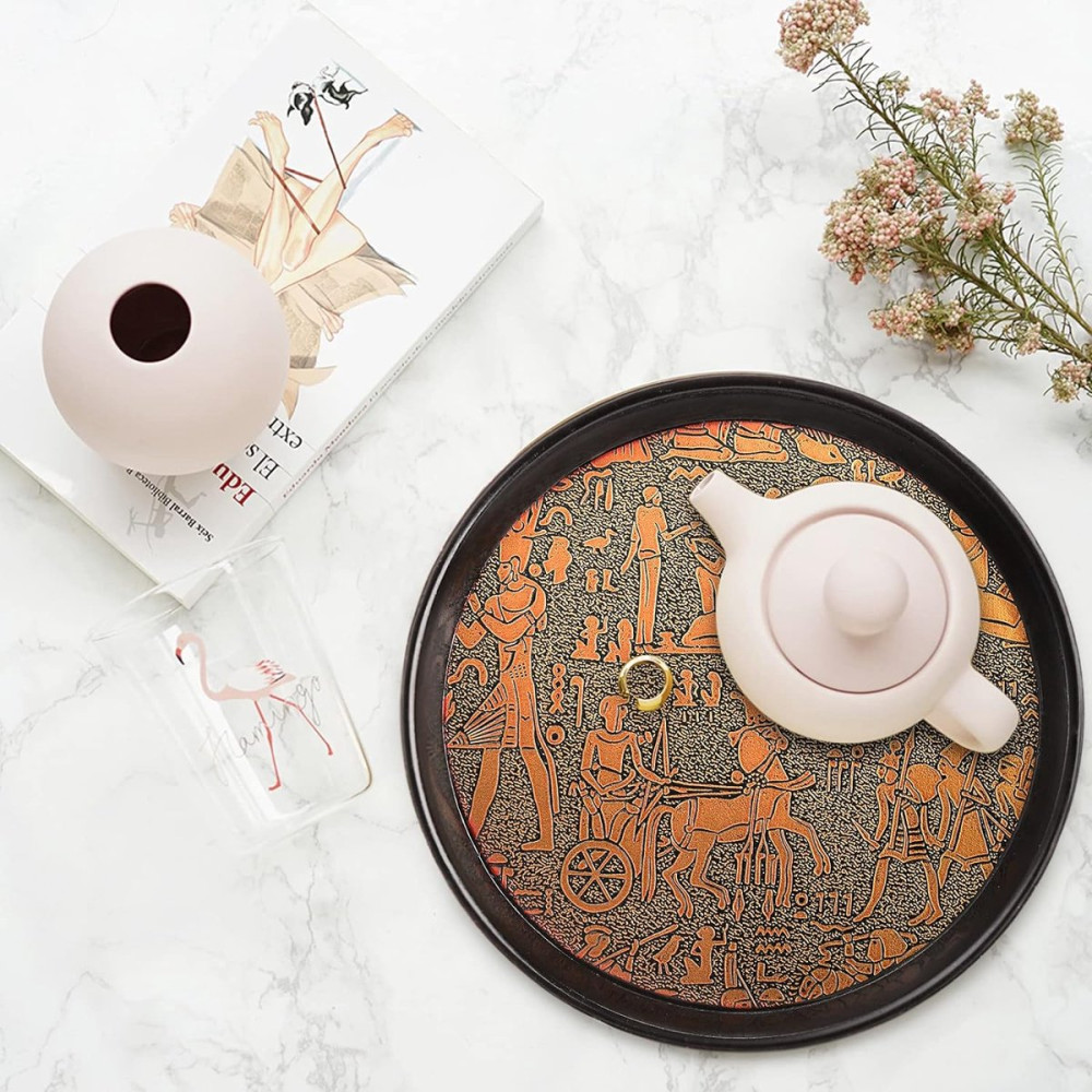 Поднос пластиковый круглый коричневый с рисунком 35 см