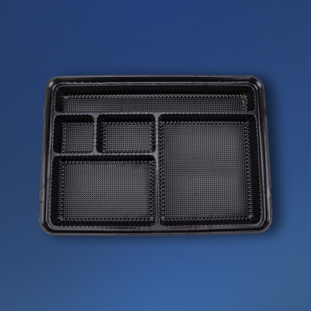 Упаковка для суши пластиковая 5 секций ПС-610 черная с крышкой 1500 мл 278х195х40 мм 1 шт (180 шт/ящ)