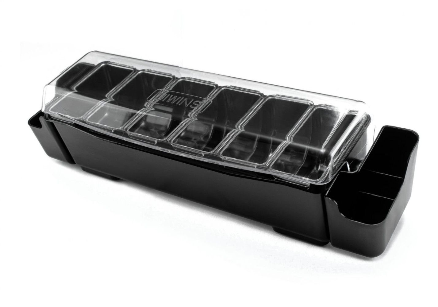 Ящик барный пластиковый 6 секций (+2 кармана) черный с углубленными секциями 57х16х18 см