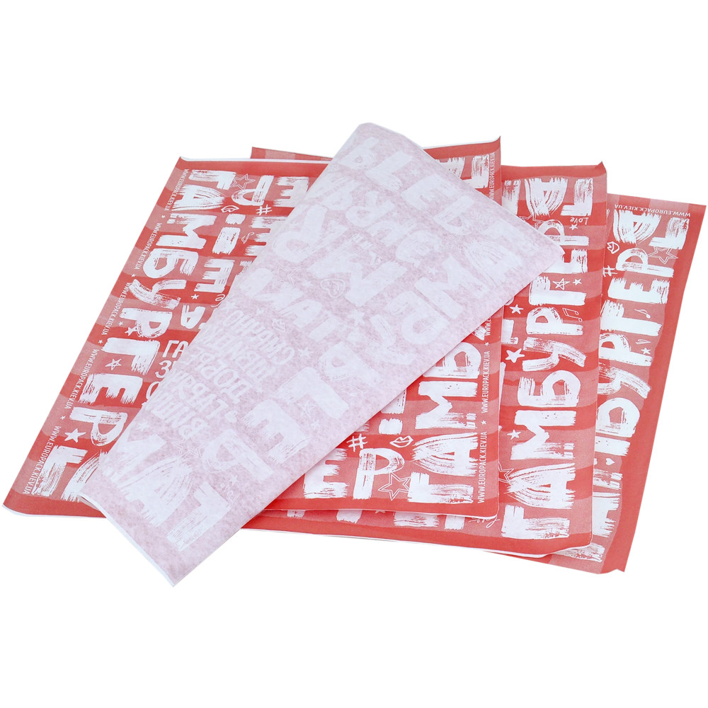 Бумага упаковочная листовая красная с рисунком Гамбургер 32х32 см 30 г/м2 500 листов/уп