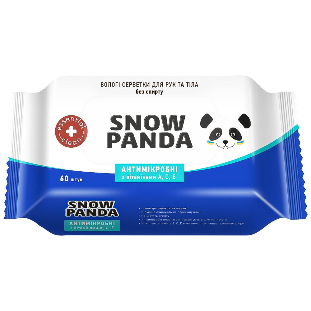 Салфетки влажные Снежная Панда Essential Clean Антимикробные с витаминами А, С, Е 18х15,5 см 60 шт/уп (20 уп/ящ)