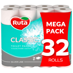 Туалетная бумага Ruta Classic двухслойная белая 16,5 м 150 отрывов 1 рул (32 рул/уп)